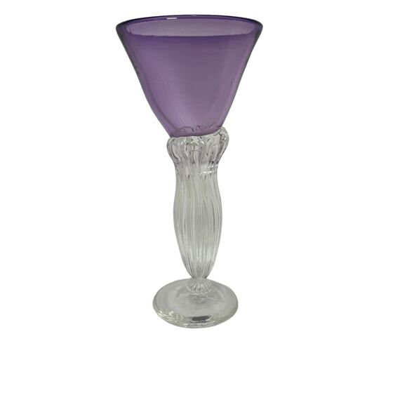 Hand Blown Art Glass Ribbed Stem Goblet Amethyst Purple Clear " Signed